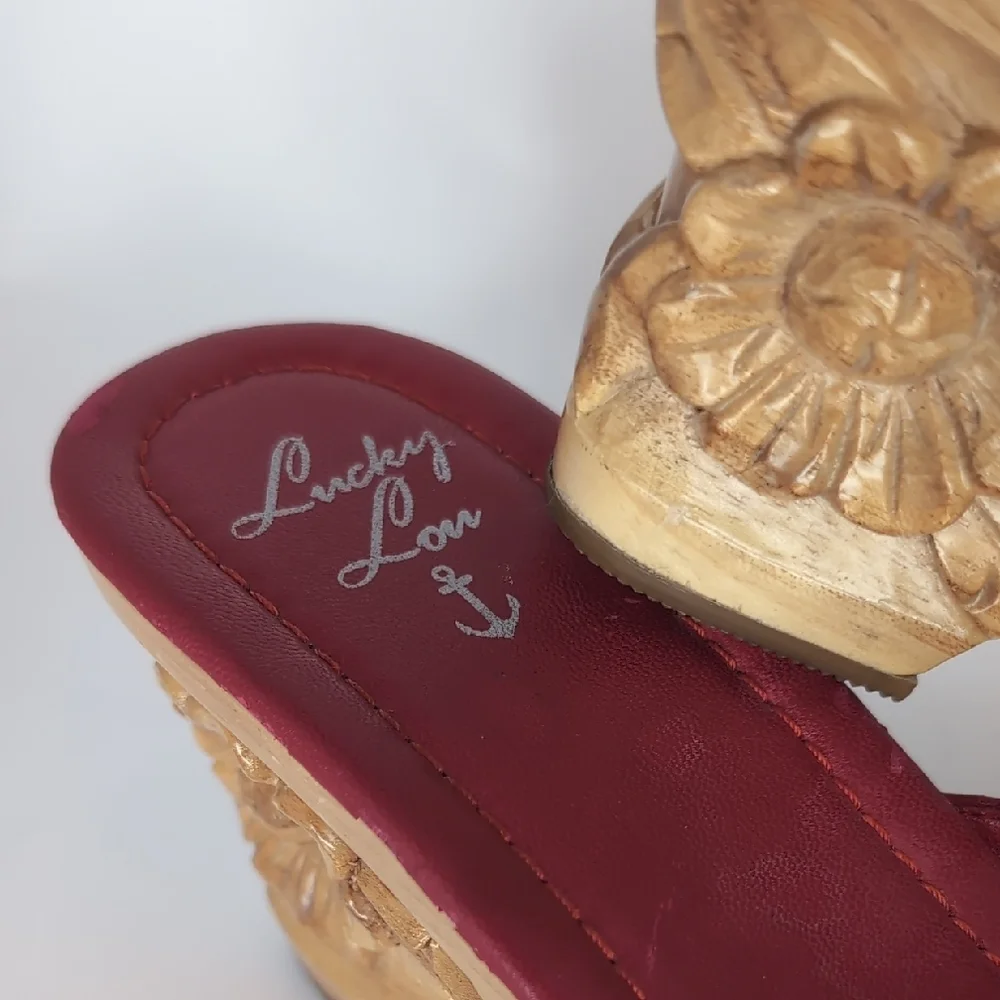 Lucky Brand Red Floral Tooled Leather Slip-On Clogs with Carved Wood Heel - Picture 2 of 11